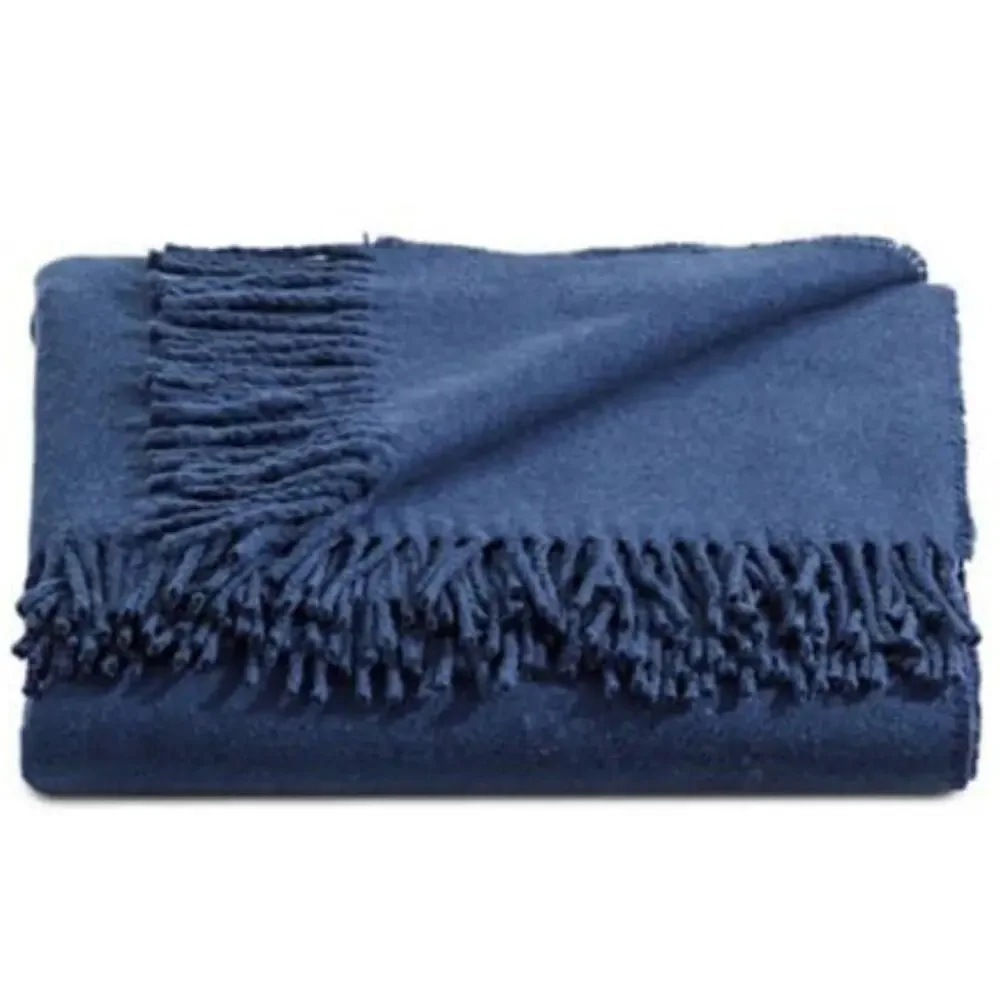 Blue Recycled Cotton Fringed Throw Blanket 50x70 Oeko-Tex